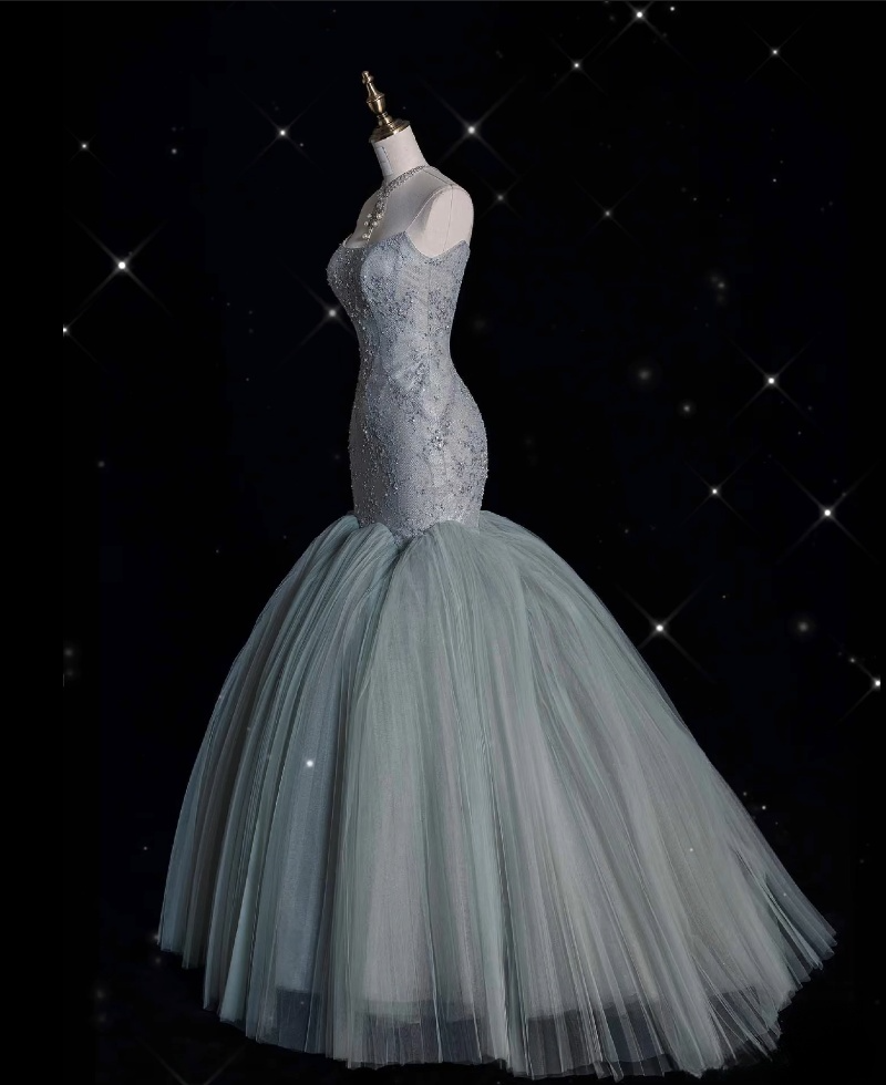 Classy Mermaid Strapless Sage Green Floor Length Evening Dress Tulle Prom Dresses
