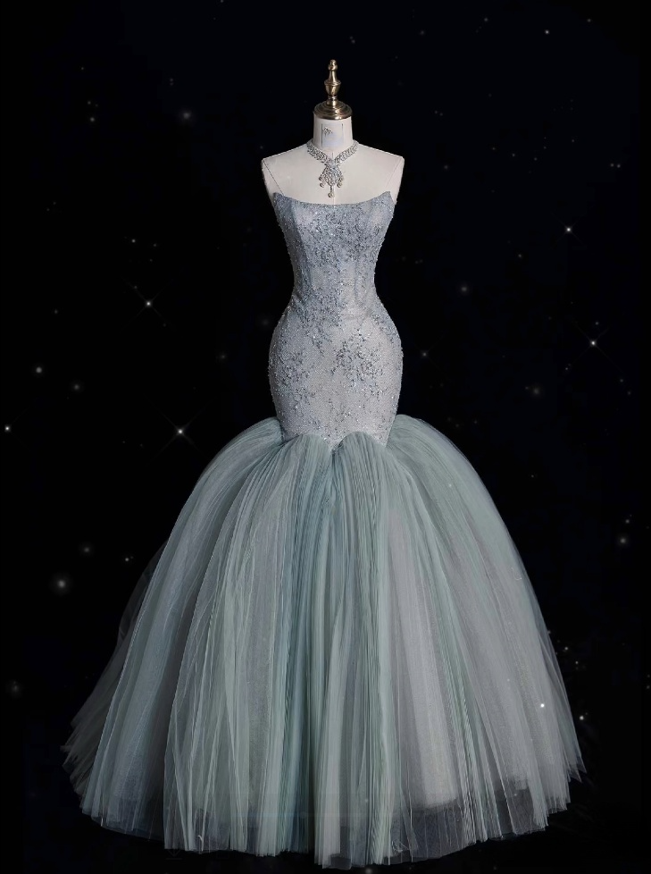 Classy Mermaid Strapless Sage Green Floor Length Evening Dress Tulle Prom Dresses