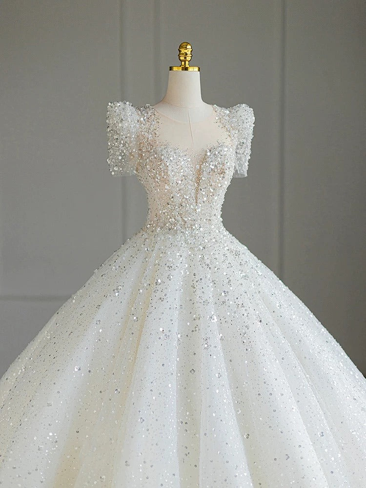 Pretty Ball Gown Square Neckline Short Sleeves Sequin White Wedding Dresses Brides Dress