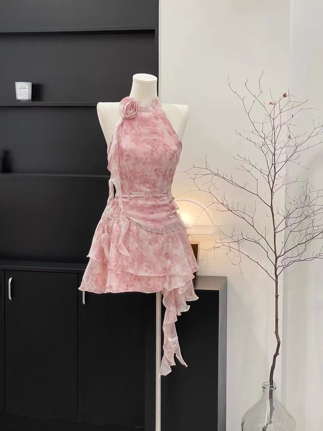 Sexy A Line Halter Ruffled Pink Floral Short Women's Holiday Dresses