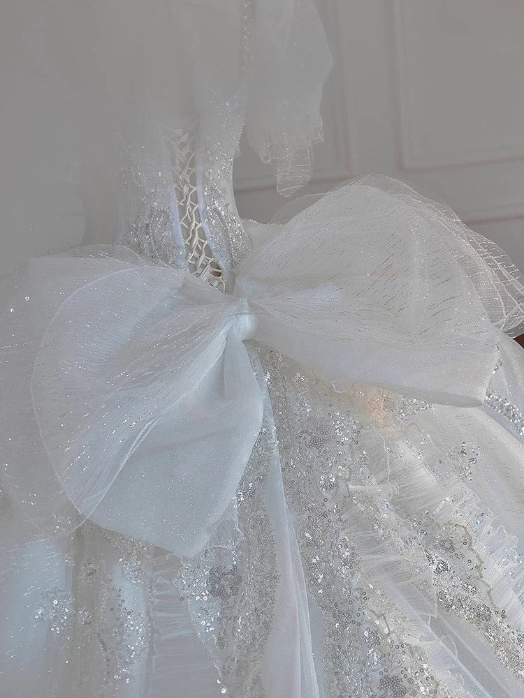 Pretty Ball Gown Square Neckline Short Sleeves Sequin White Wedding Dresses Brides Dress