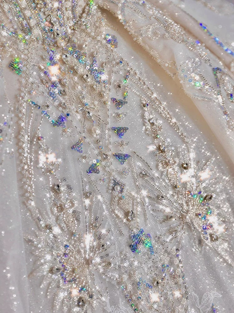 Luxury Ball Gown Off The Shoulder Short Sleeves Sequin White Wedding Dresses Brides Dress