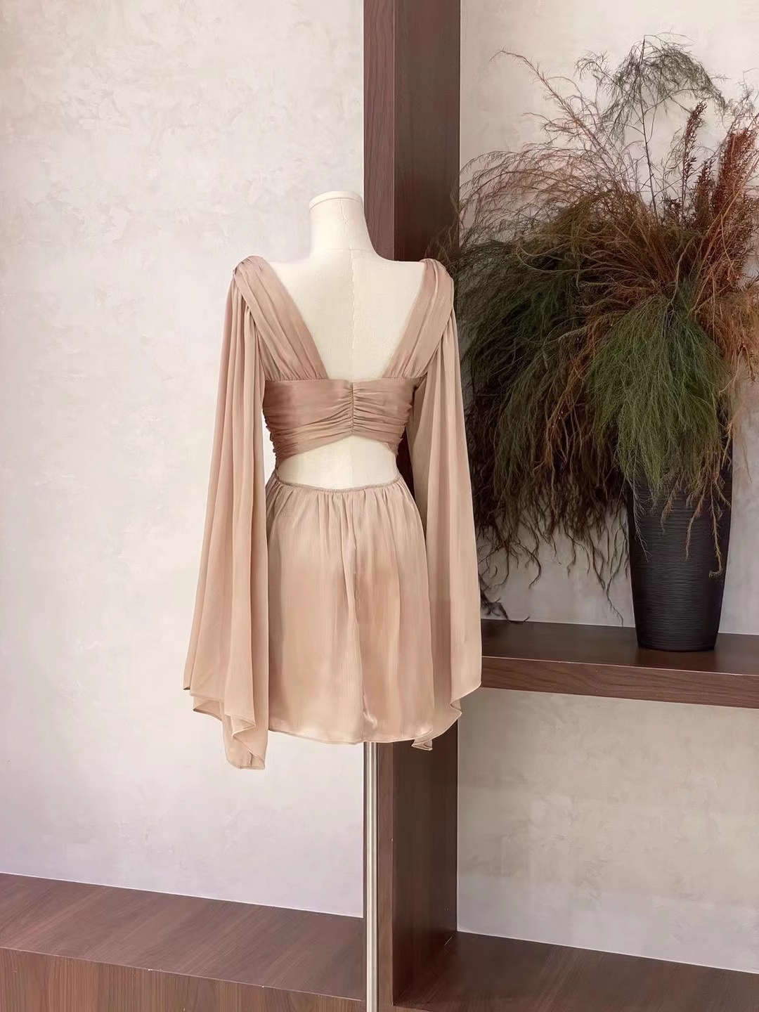 Simple A Line V Neckline Ruffled Long Sleeves Short Women's Holiday Dresses