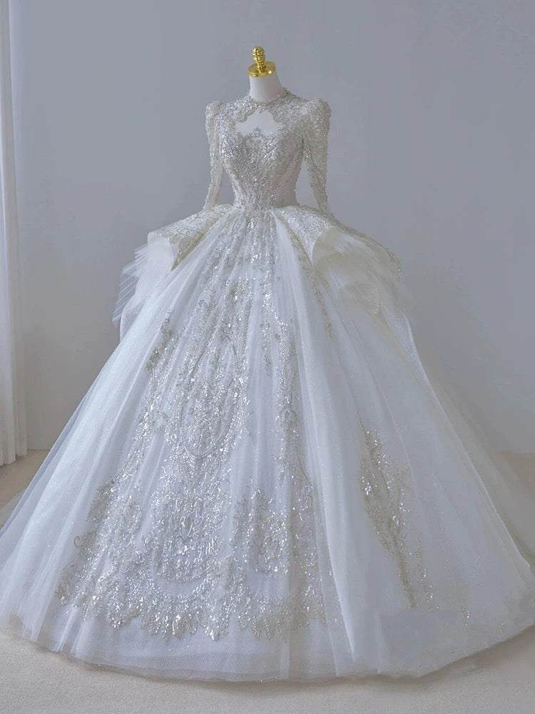 Timeless Ball Gown Scoop Long Sleeves Lace White Wedding Dresses Brides Dress
