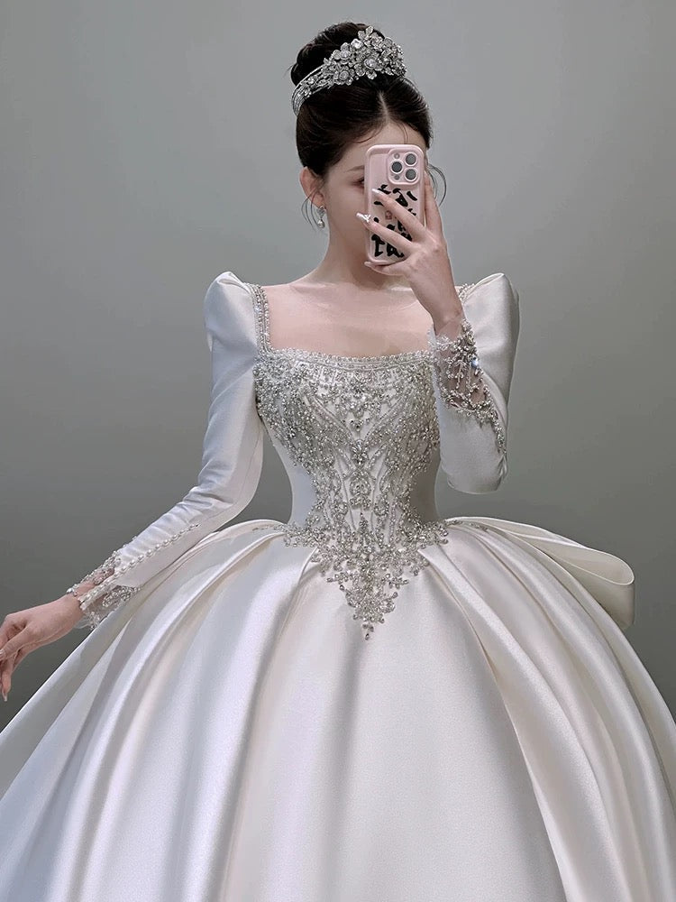 Classy Ball Gown Square Neckline Long Sleeves Sequin White Wedding Dresses Brides Dress