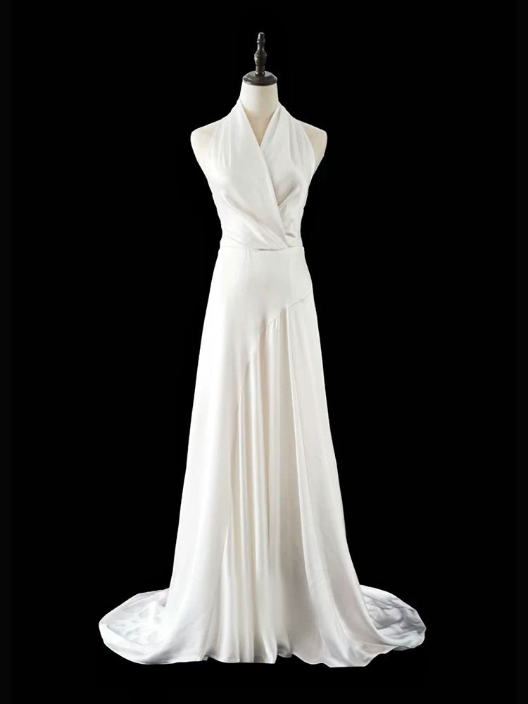 Timeless A line Halter Satin White Wedding Dresses Brides Dress