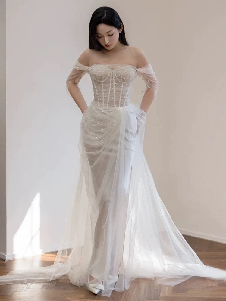 Timeless Mermaid Off The Shoulder White Tulle Long Wedding Dresses Bridal Dress