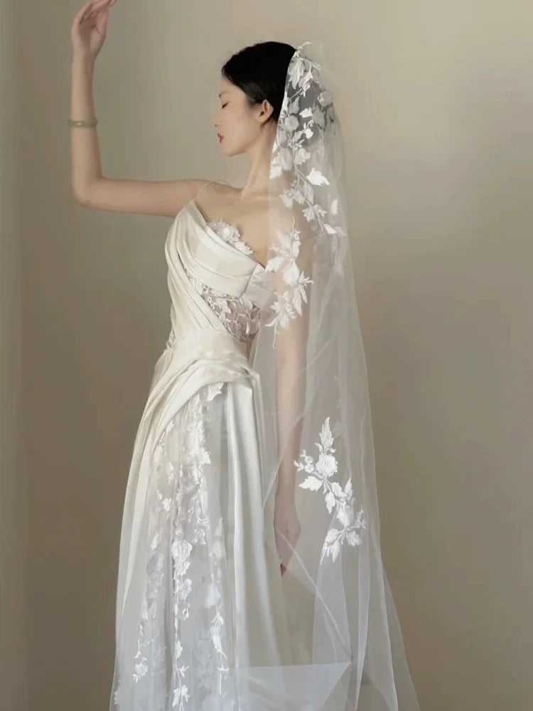 Timeless A line One Shoulder Lace Satin White Wedding Dresses Brides Dress