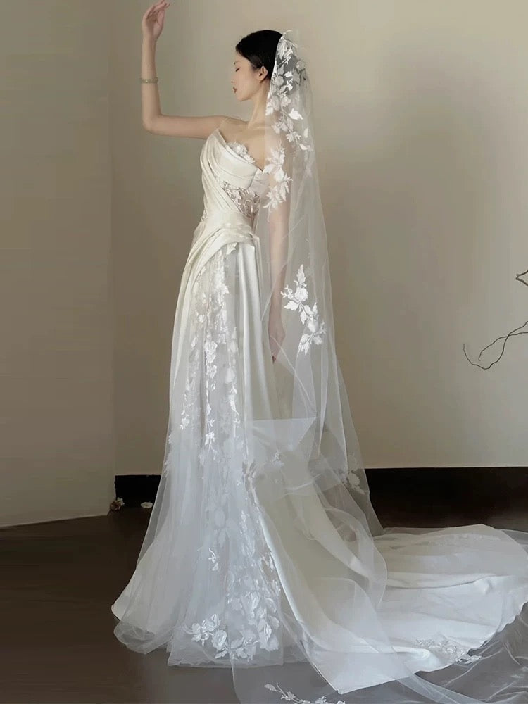 Timeless A line One Shoulder Lace Satin White Wedding Dresses Brides Dress