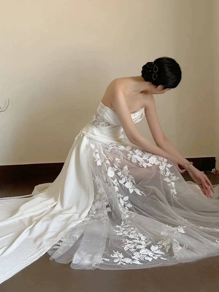Timeless A line One Shoulder Lace Satin White Wedding Dresses Brides Dress
