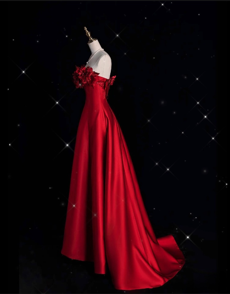Pretty A line Strapless Satin Long Red Prom Dress Evening Dress Formal Dress