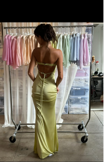 Beautiful Mermaid Strapless Neckline Yellow Long Satin Party Dresses Prom Dress
