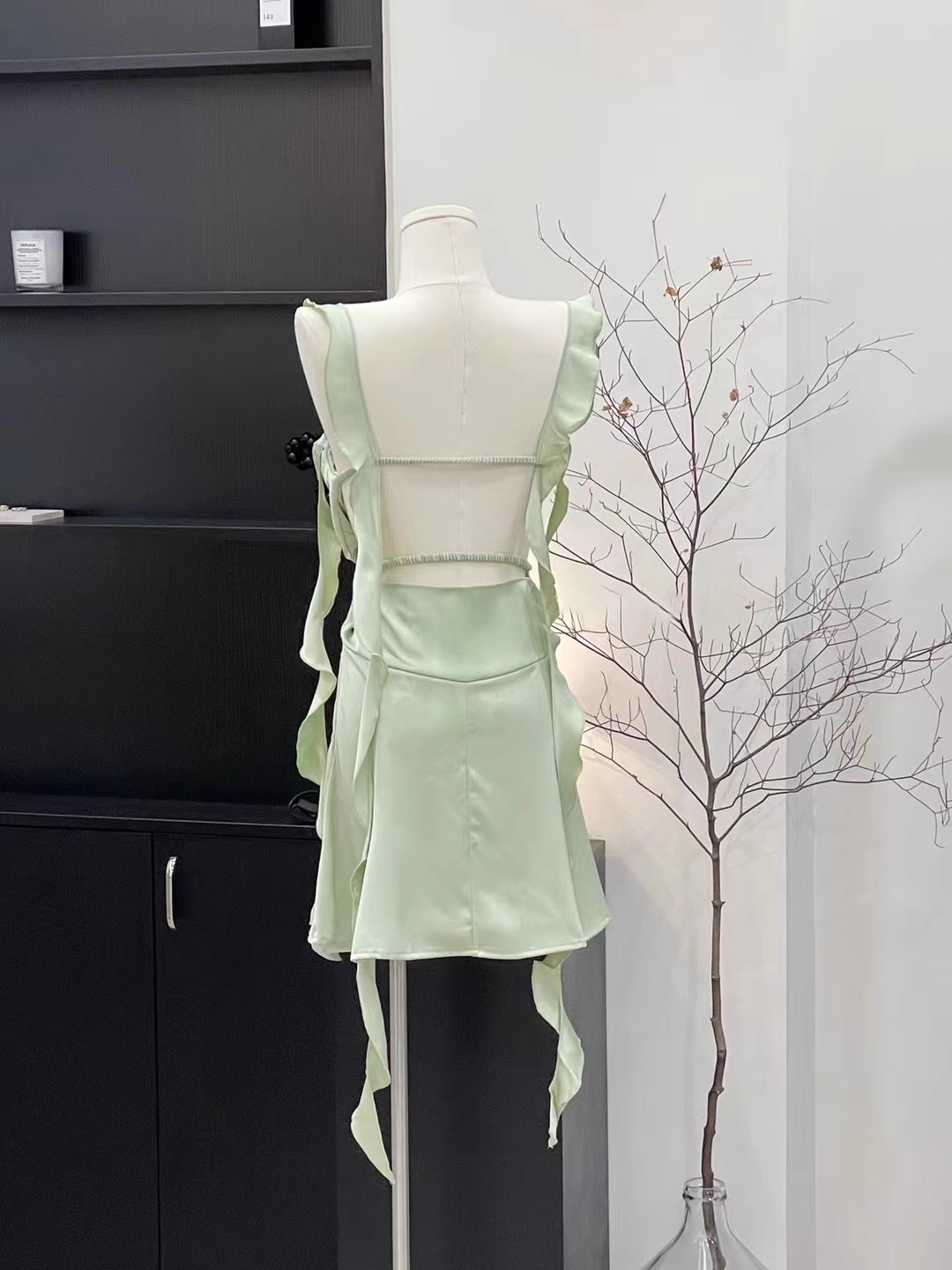 Sexy Sheath Straps Sleeveless Ruffled Sage Green Short Women's Holiday Summer Dresses