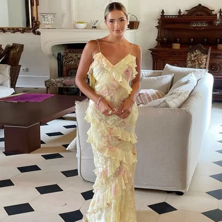 Gorgeous Mermaid Spaghetti Straps Floor Length Floral Yellow Chiffon Evening Dress Prom Dresses