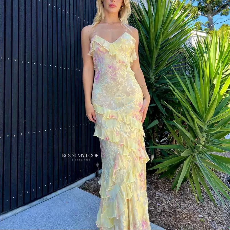Gorgeous Mermaid Spaghetti Straps Floor Length Floral Yellow Chiffon Evening Dress Prom Dresses