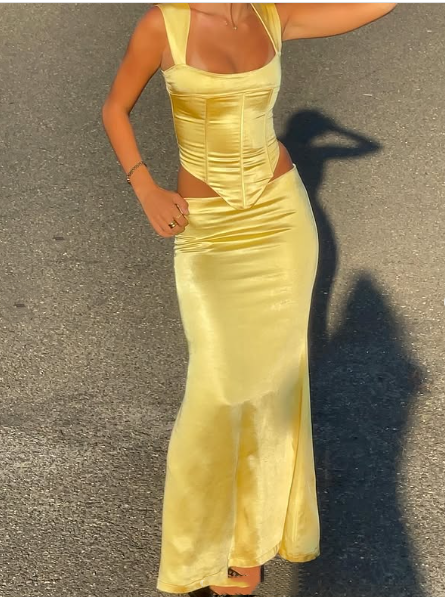 Elegant Sheath Square Neckline 2 Pieces Floor-length Satin Long Yellow Evening Dress Prom Dresses