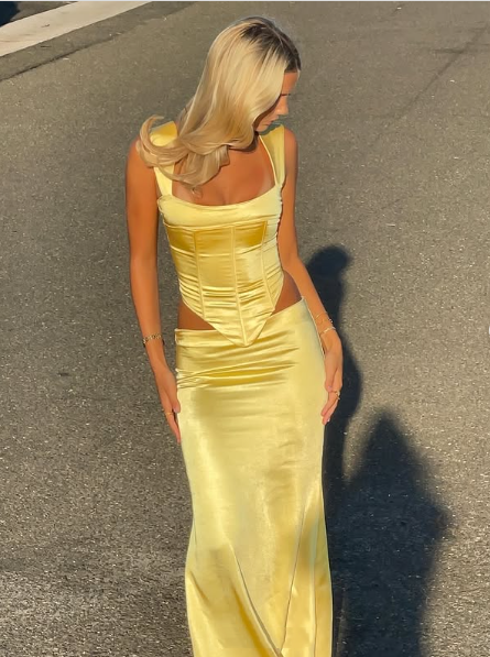 Elegant Sheath Square Neckline 2 Pieces Floor-length Satin Long Yellow Evening Dress Prom Dresses
