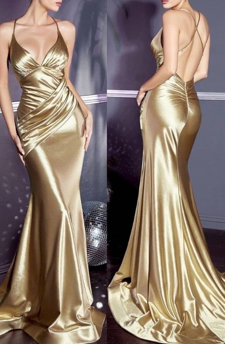 Gorgeous Mermaid Halter Floor Length Gold Satin Evening Dress Prom Dresses