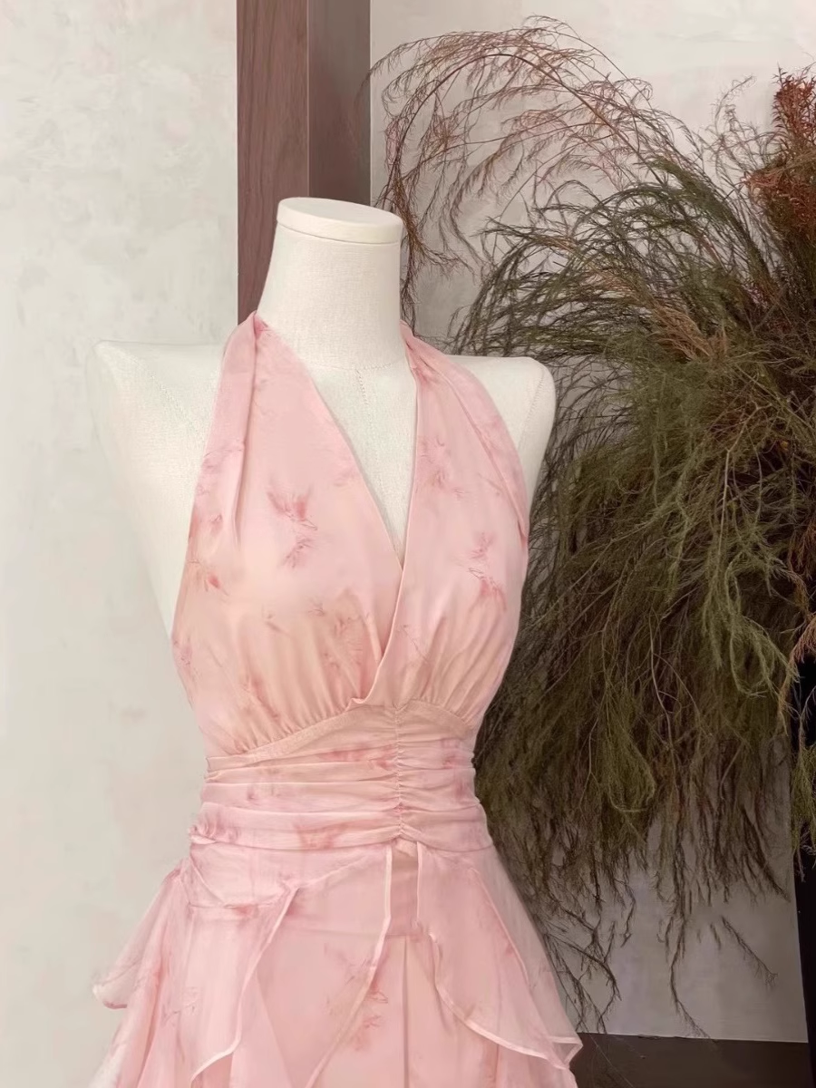 Sexy A Line Halter Ruffled Floral Pink Long Women's Holiday Dresses
