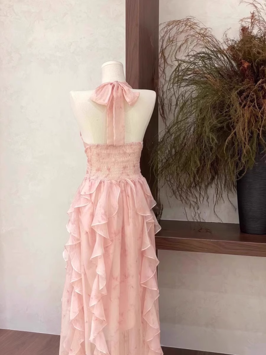 Sexy A Line Halter Ruffled Floral Pink Long Women's Holiday Dresses