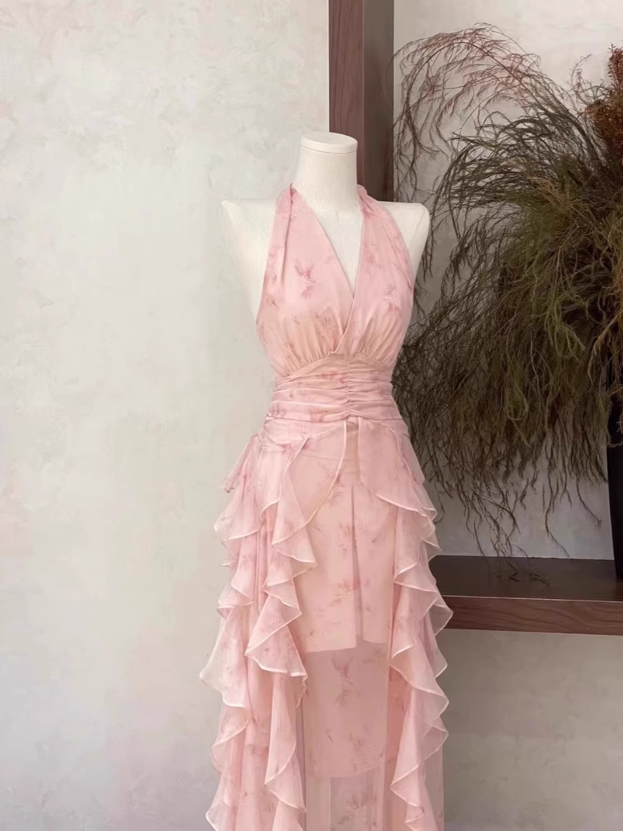 Sexy A Line Halter Ruffled Floral Pink Long Women's Holiday Dresses