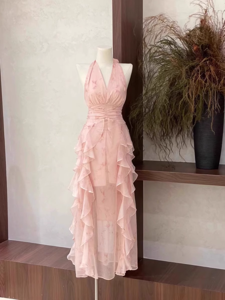 Sexy A Line Halter Ruffled Floral Pink Long Women's Holiday Dresses