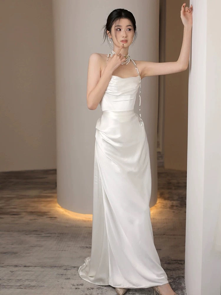 Unique Mermaid Strapless Pleats Long White Satin Wedding Dresses