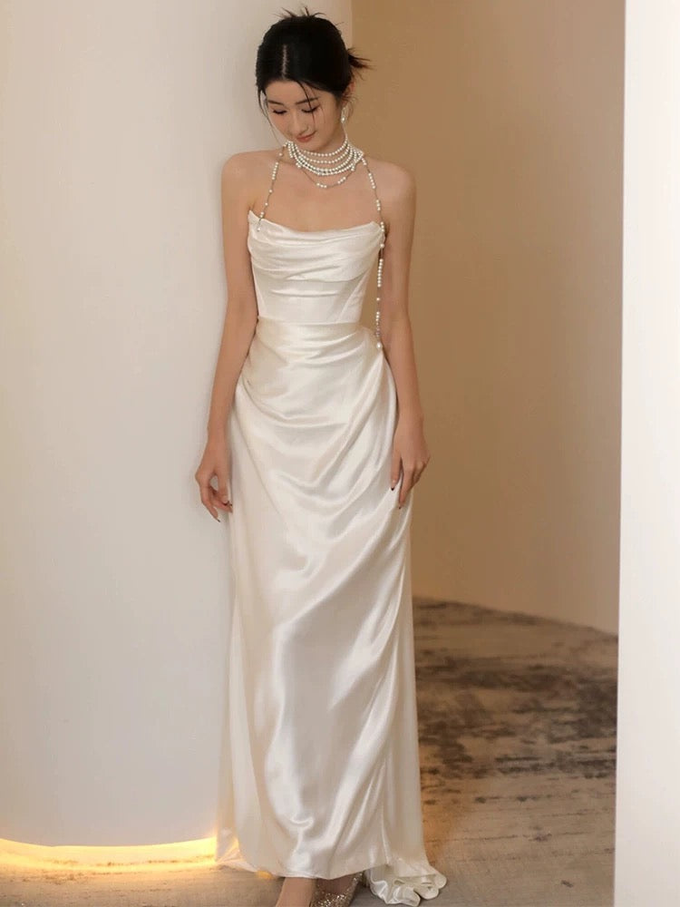 Unique Mermaid Strapless Pleats Long White Satin Wedding Dresses
