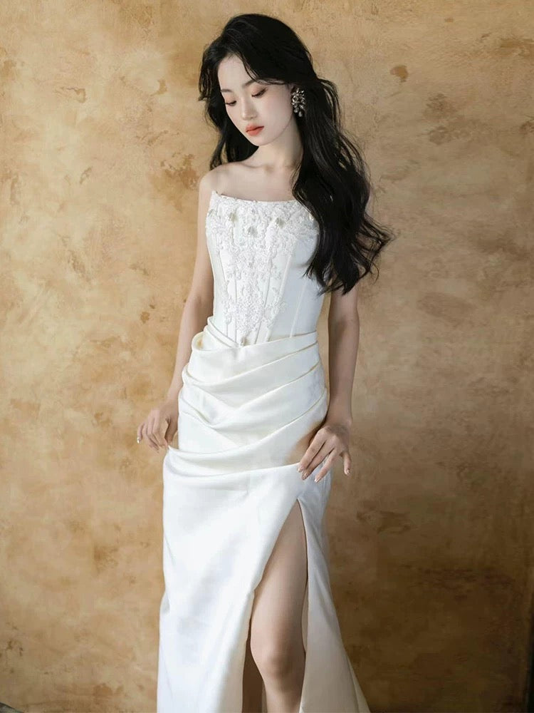 Unique Mermaid Strapless Pleats Long White Satin Wedding Dresses Brides Dress