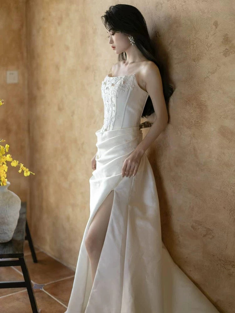 Unique Mermaid Strapless Pleats Long White Satin Wedding Dresses Brides Dress