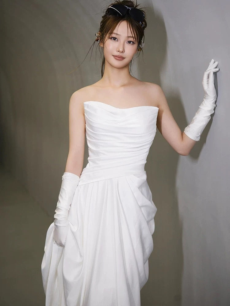 Unique Mermaid Sweetheart Pleats White Satin Ruffles Wedding Dresses