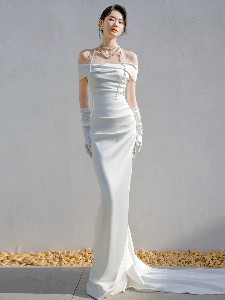 Unique Mermaid Off The Shoulder Pleats Satin Wedding Dresses Brides Dress