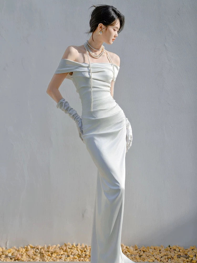 Unique Mermaid Off The Shoulder Pleats Satin Wedding Dresses Brides Dress