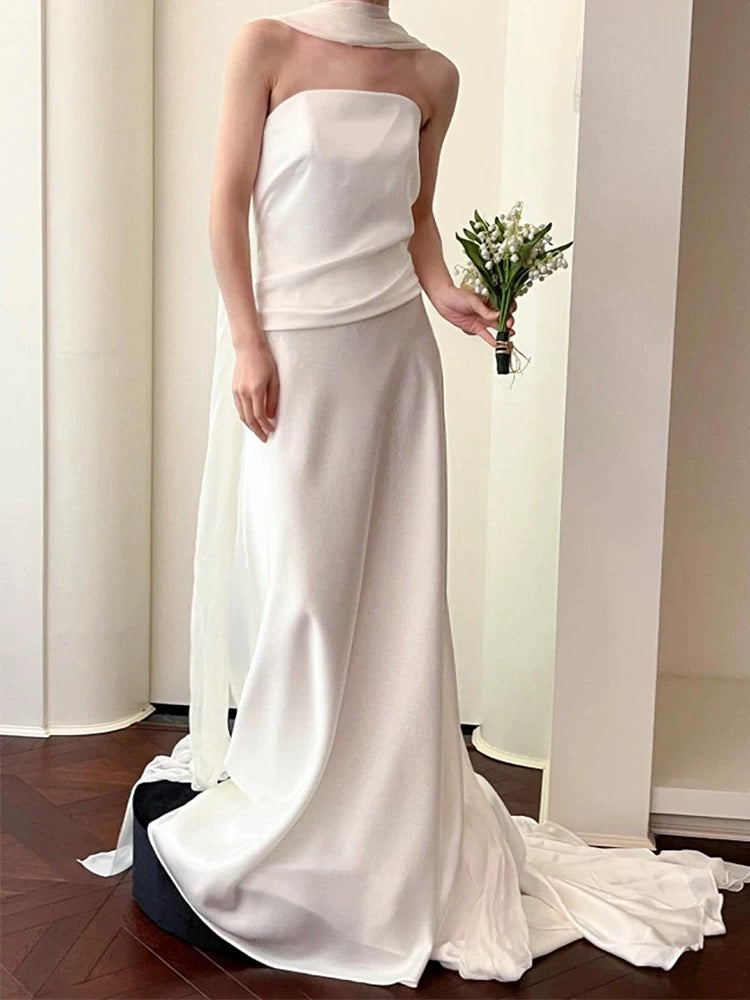 Unique Mermaid Strapless Pleats Satin Wedding Dresses Brides Dress