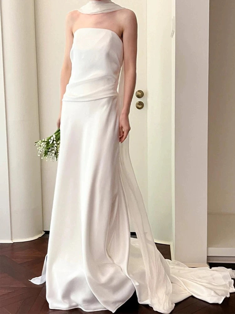 Unique Mermaid Strapless Pleats Satin Wedding Dresses Brides Dress