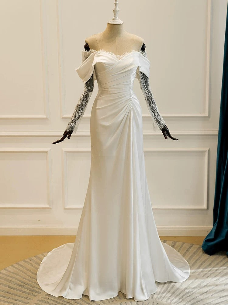 Unique Mermaid Off The Shoulder Pleats Satin Long Sleeves Wedding Dresses Brides Dress
