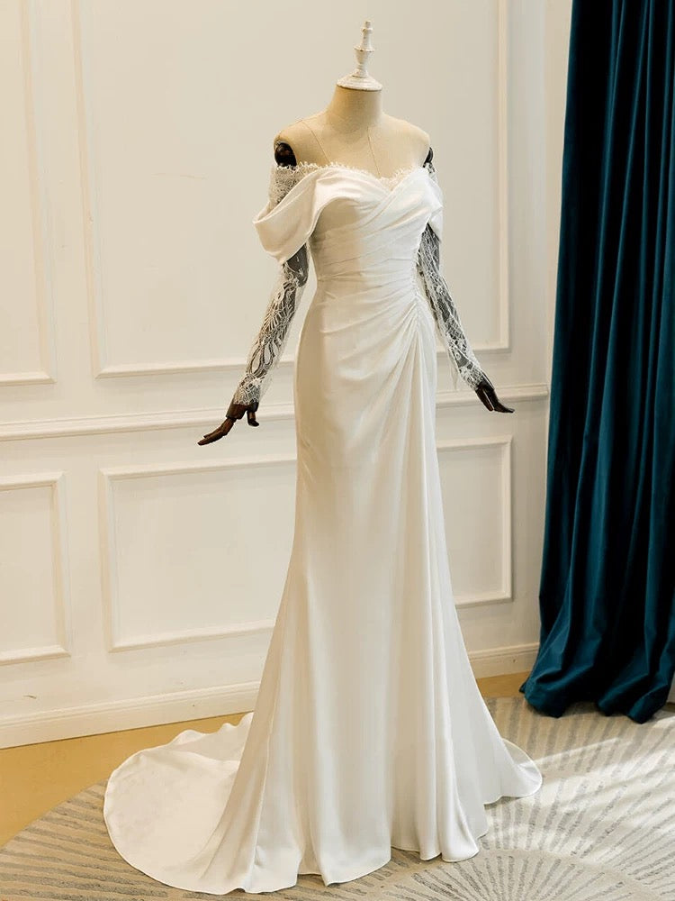 Unique Mermaid Off The Shoulder Pleats Satin Long Sleeves Wedding Dresses Brides Dress