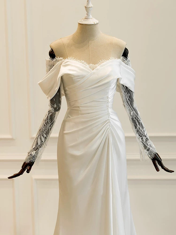 Unique Mermaid Off The Shoulder Pleats Satin Long Sleeves Wedding Dresses Brides Dress