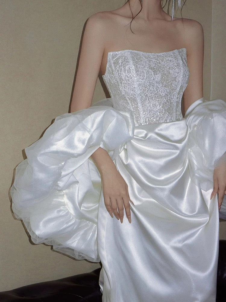 Unique Mermaid Strapless Lace Pleats White Satin Ruffles Wedding Dresses