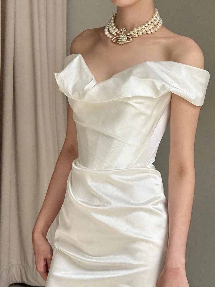 Unique Mermaid Off The Shoulder Pleats Satin Short Sleeves Wedding Dresses Brides Dress