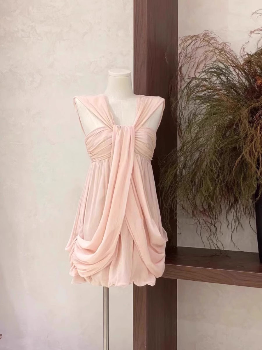 Sexy A Line Ruffled Chiffon Pink Short Women's Holiday Dresses