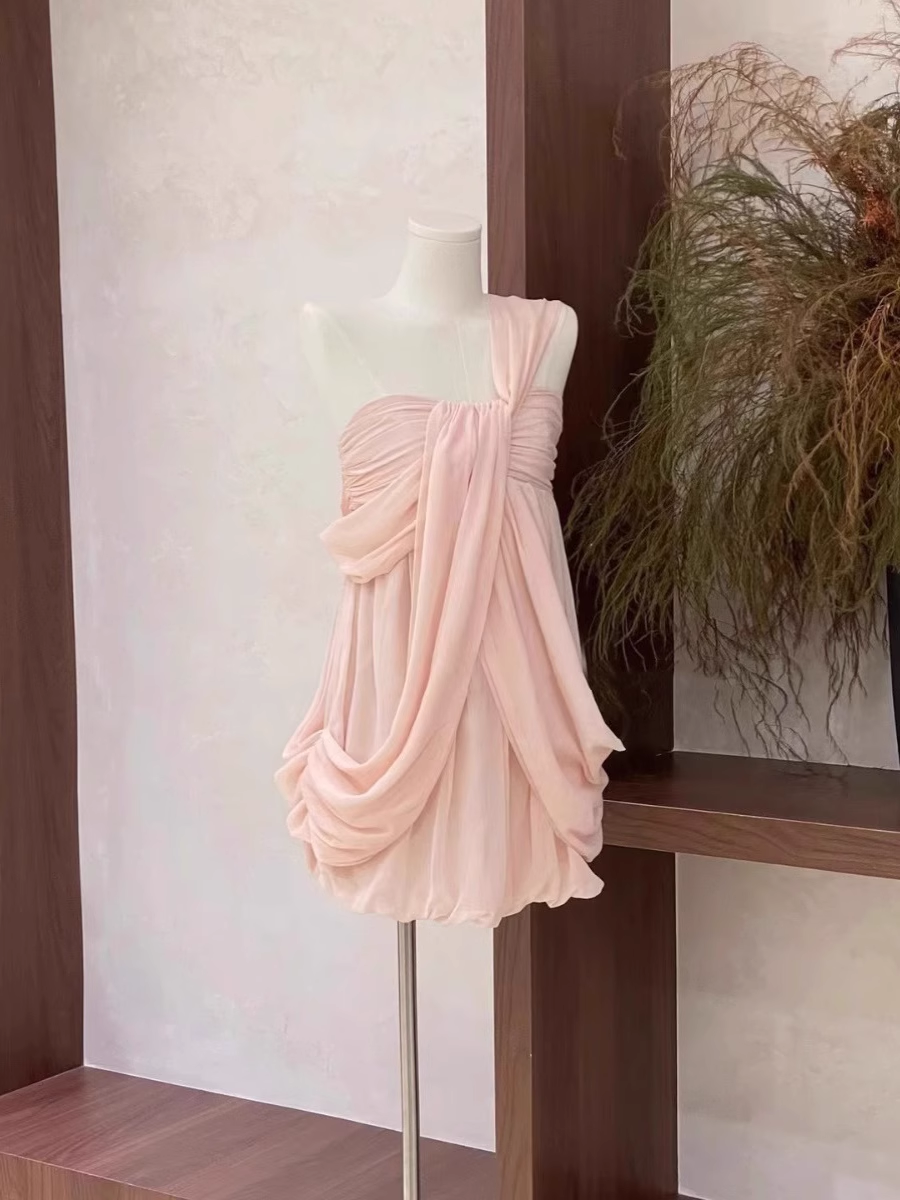 Sexy A Line Ruffled Chiffon Pink Short Women's Holiday Dresses