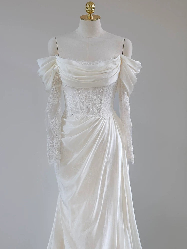 Unique Mermaid Off The Shoulder Pleats Satin Long Sleeves Wedding Dresses Brides Dress
