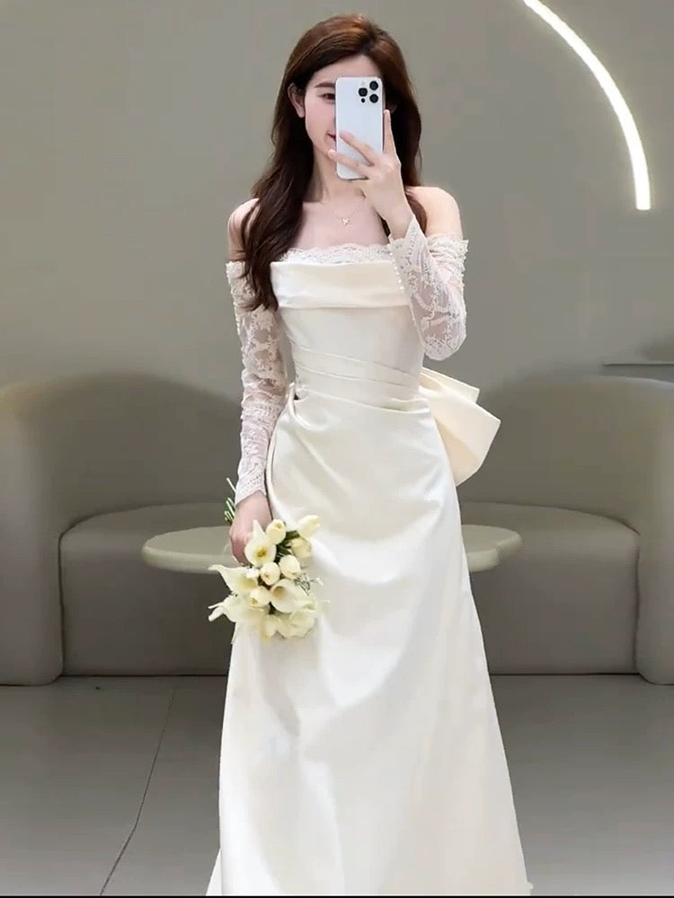 Unique Mermaid Off The Shoulder Pleats Satin Long Sleeves Wedding Dresses Brides Dress