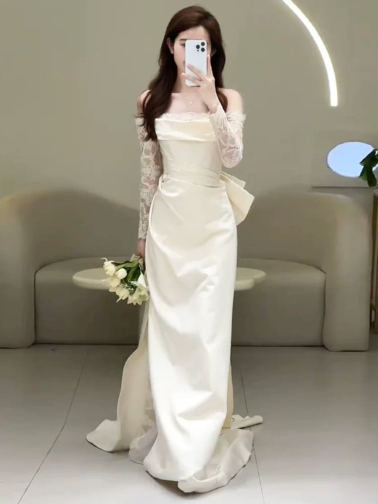 Unique Mermaid Off The Shoulder Pleats Satin Long Sleeves Wedding Dresses Brides Dress