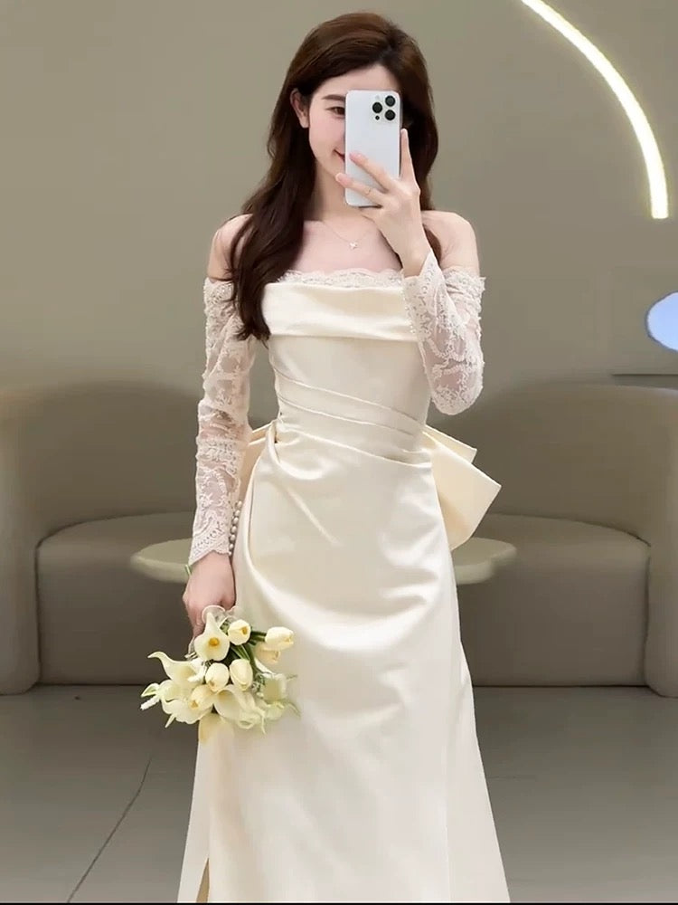 Unique Mermaid Off The Shoulder Pleats Satin Long Sleeves Wedding Dresses Brides Dress