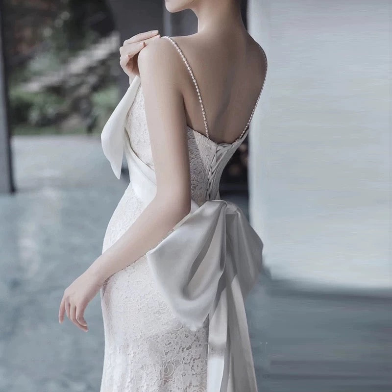 Unique Mermaid Spaghetti Straps Lace Pleats White Ruffles Wedding Dresses