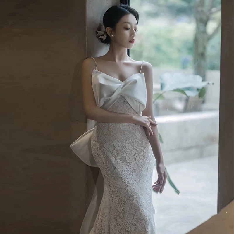 Unique Mermaid Spaghetti Straps Lace Pleats White Ruffles Wedding Dresses