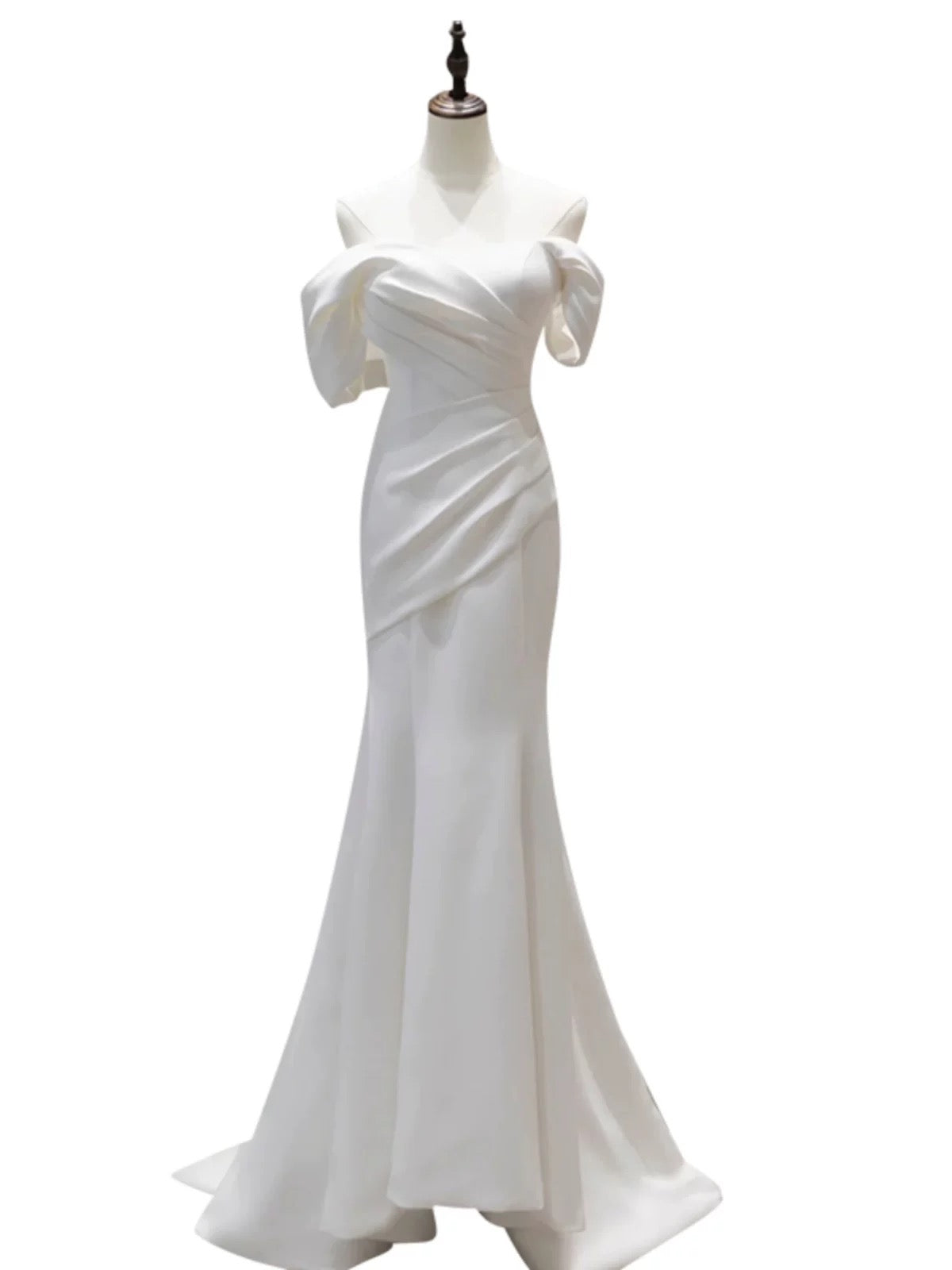 Unique Mermaid Off The Shoulder Pleats Satin Short Sleeves Wedding Dresses Brides Dress