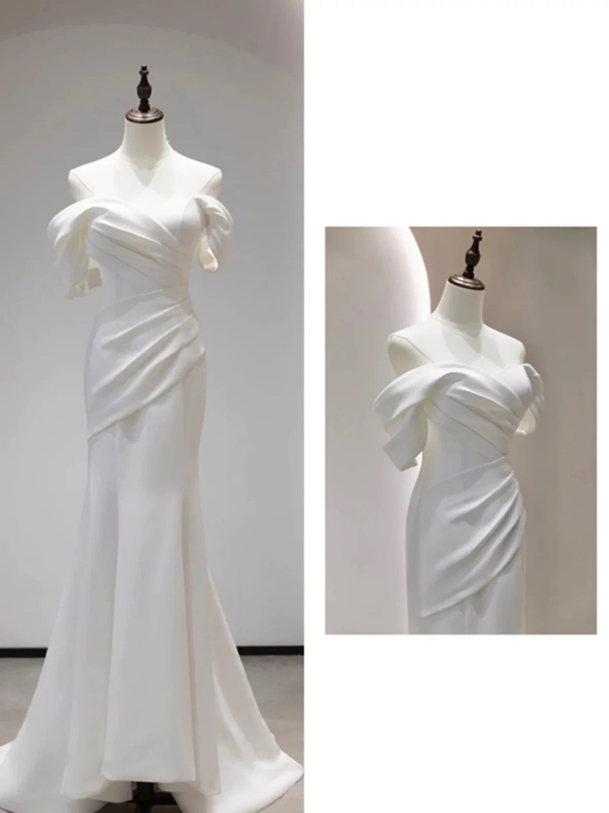 Unique Mermaid Off The Shoulder Pleats Satin Short Sleeves Wedding Dresses Brides Dress